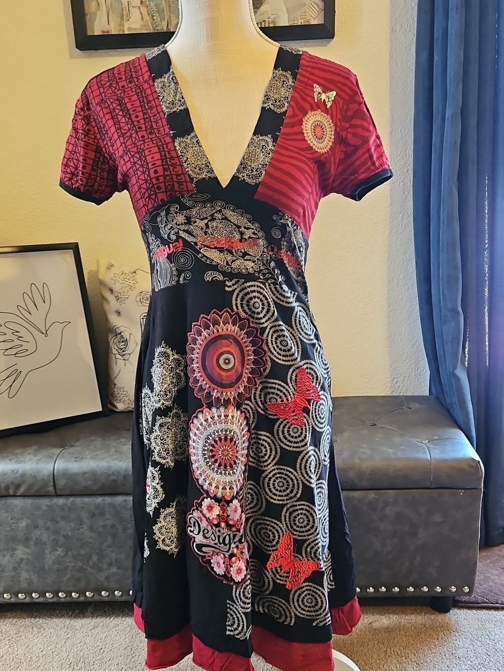 Desigual Black and Red Mixed-Print V-Neck Dress